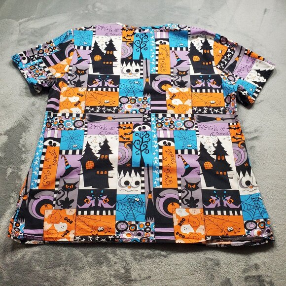 Zoe + Chloe Halloween Vneck Scrub Top 2 Pockets Spooky Eyes and Spiders Wms Sz L - Picture 2 of 10
